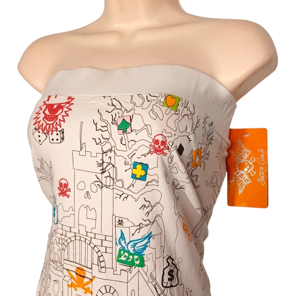 SOUR N CREAM Skull Castle Medieval Colorful Print White Strapless Top XL NWT - Picture 2 of 11